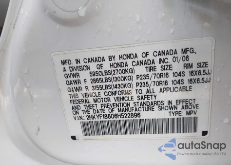 2006 Honda Pilot Ex-L from USA, damaged, VIN 2HKYF18606H522896